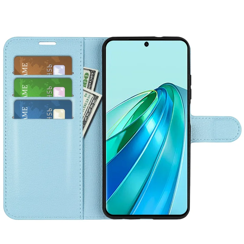 For Honor X9a 5G Leather Phone Case Stand Wallet Litchi Texture Full Protection Phone Cover - Blue