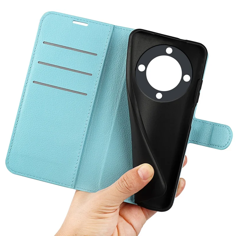For Honor X9a 5G Leather Phone Case Stand Wallet Litchi Texture Full Protection Phone Cover - Blue
