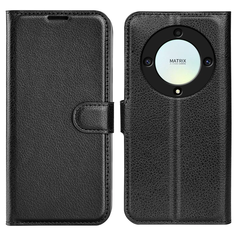 For Honor X9a 5G Leather Phone Case Stand Wallet Litchi Texture Full Protection Phone Cover - Black
