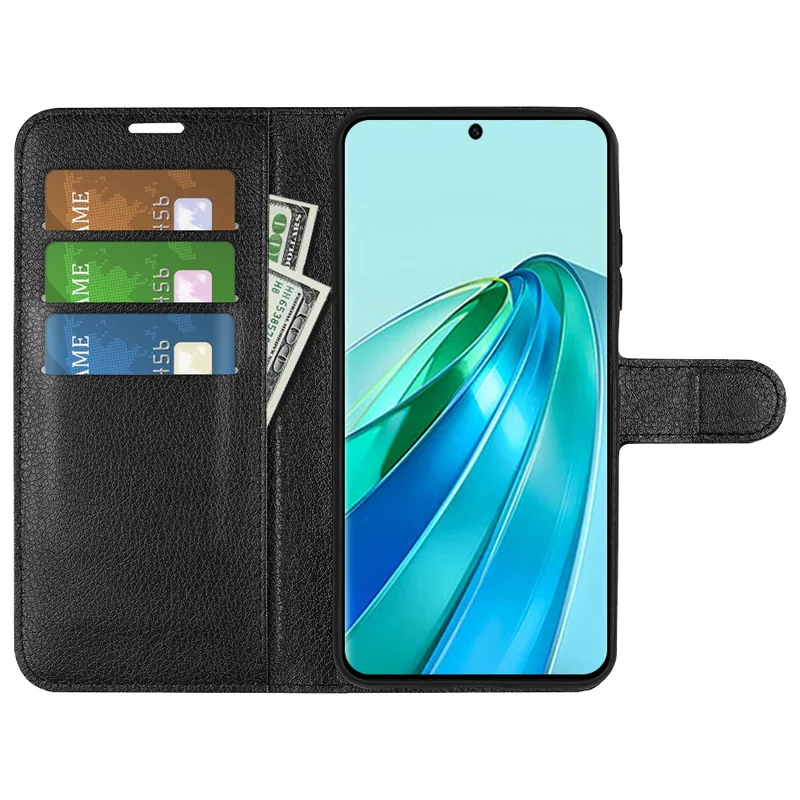 For Honor X9a 5G Leather Phone Case Stand Wallet Litchi Texture Full Protection Phone Cover - Black