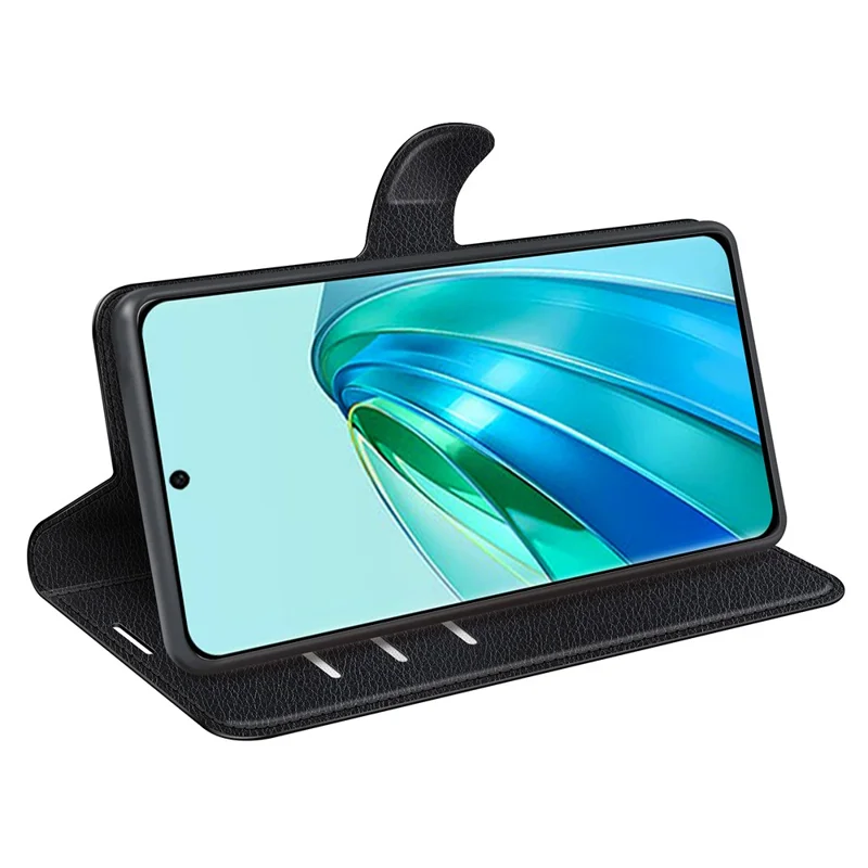 For Honor X9a 5G Leather Phone Case Stand Wallet Litchi Texture Full Protection Phone Cover - Black
