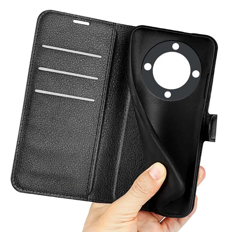 For Honor X9a 5G Leather Phone Case Stand Wallet Litchi Texture Full Protection Phone Cover - Black