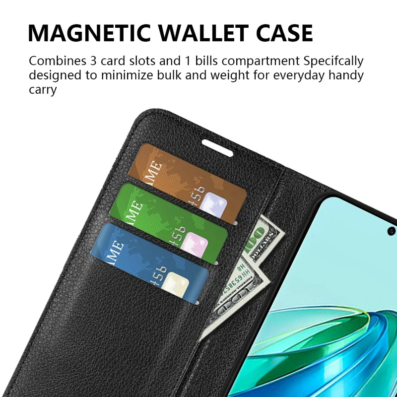 For Honor X9a 5G Leather Phone Case Stand Wallet Litchi Texture Full Protection Phone Cover - Black