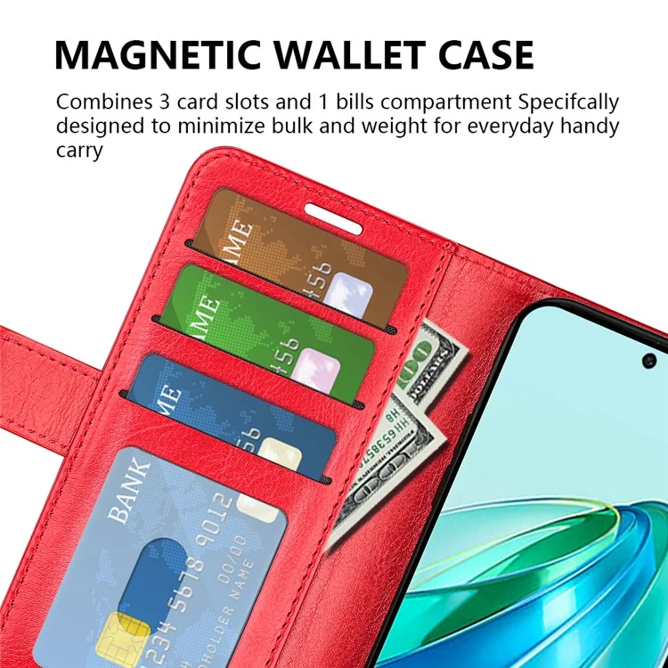Stand Wallet Phone Case for Honor X9a 5G Crazy Horse Texture Anti-drop Leather Phone Cover - Red