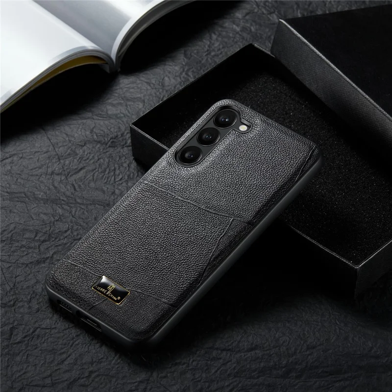 FIERRE SHANN For Samsung Galaxy S23+ Phone Case Hardware Decor Leather Coated TPU Phone Cover - Striped Litchi Pattern