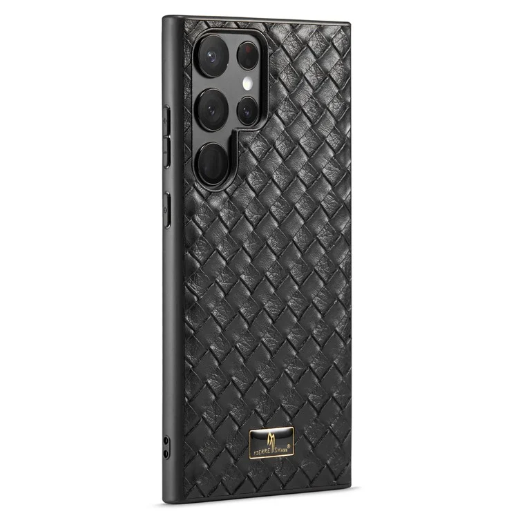 FIERRE SHANN For Samsung Galaxy S23 Ultra Phone Case Hardware Decor PU Leder TPU Cover - Gewebtes Muster