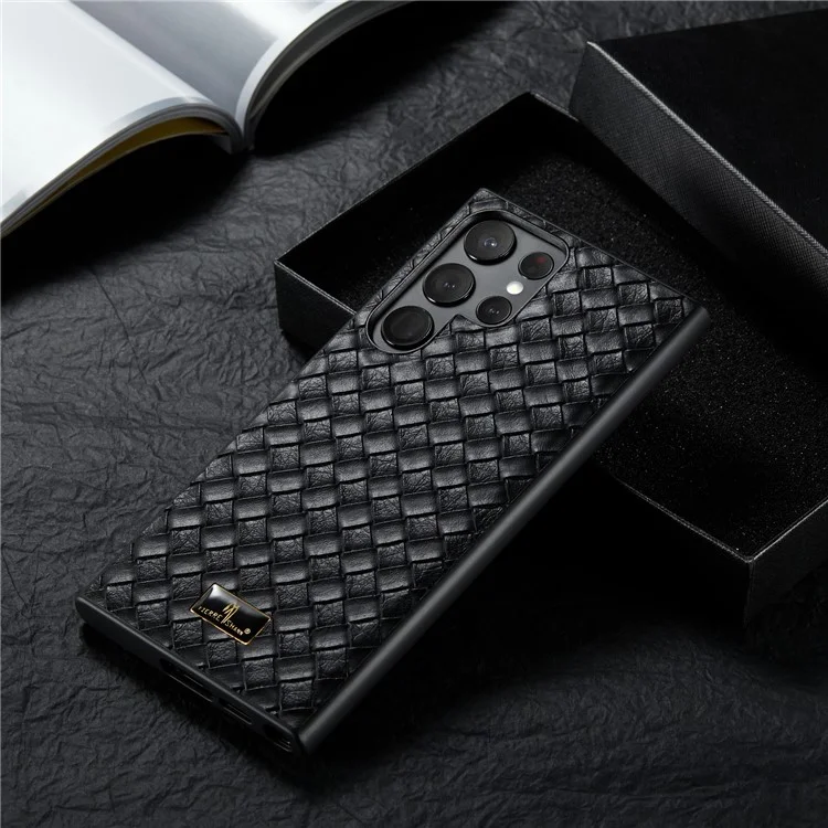 FIERRE SHANN For Samsung Galaxy S23 Ultra Phone Case Hardware Decor PU Leather TPU Cover - Woven Pattern