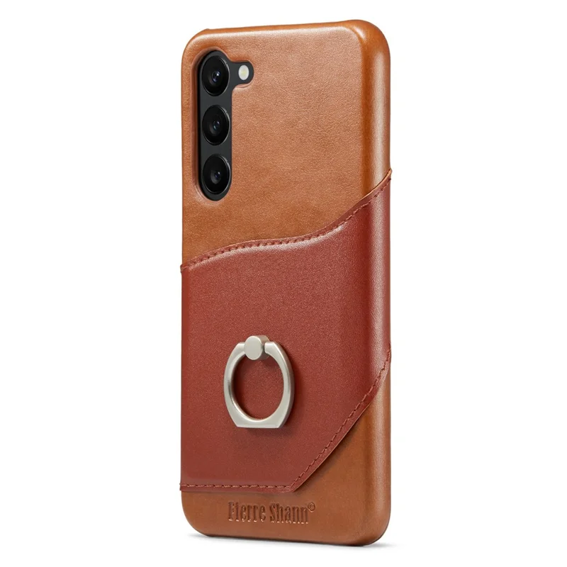 FIERRE SHANN For Samsung Galaxy S23 Rotary Ring Kickstand Phone Case Card Holder Genuine Leather+PC Cover - Brown