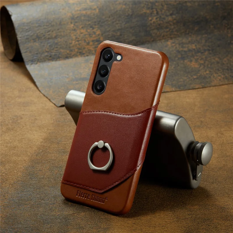 FIERRE SHANN For Samsung Galaxy S23 Rotary Ring Kickstand Phone Case Card Holder Genuine Leather+PC Cover - Brown