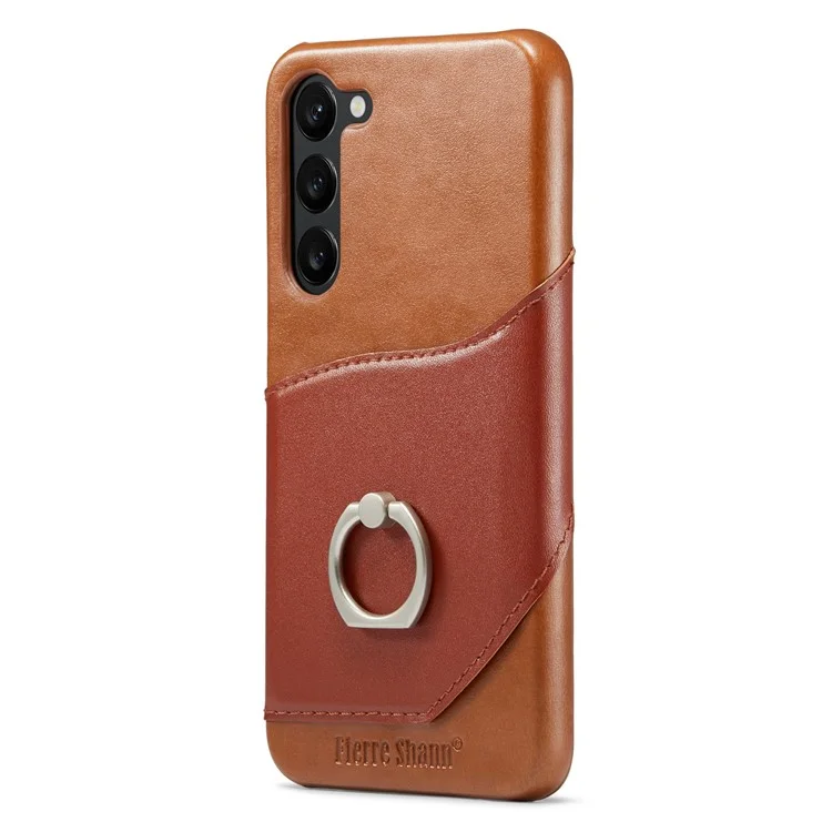 FIERRE SHANN For Samsung Galaxy S23+ Ring Kickstand Genuine Leather Coated PC Phone Case with Card Slot - Brown