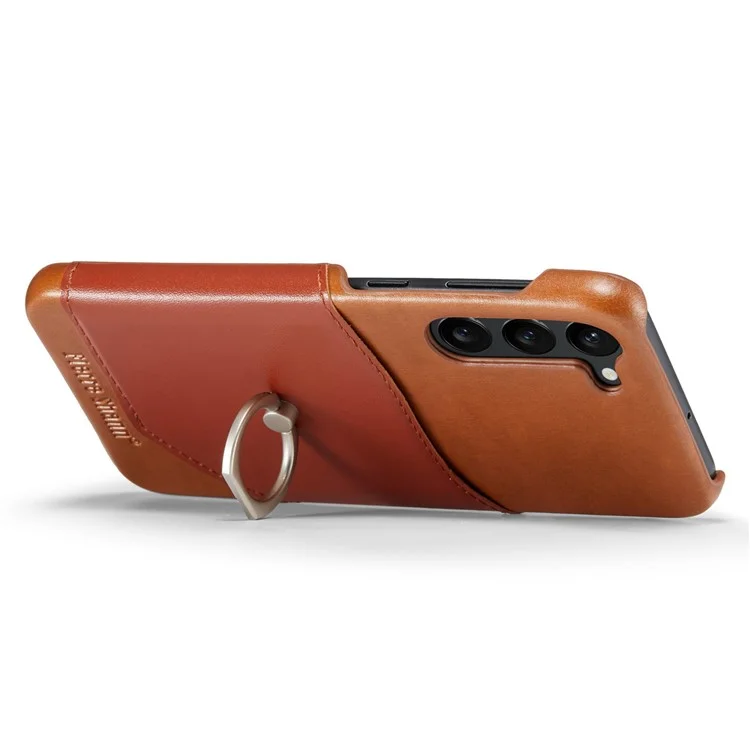 FIERRE SHANN For Samsung Galaxy S23+ Ring Kickstand Genuine Leather Coated PC Phone Case with Card Slot - Brown