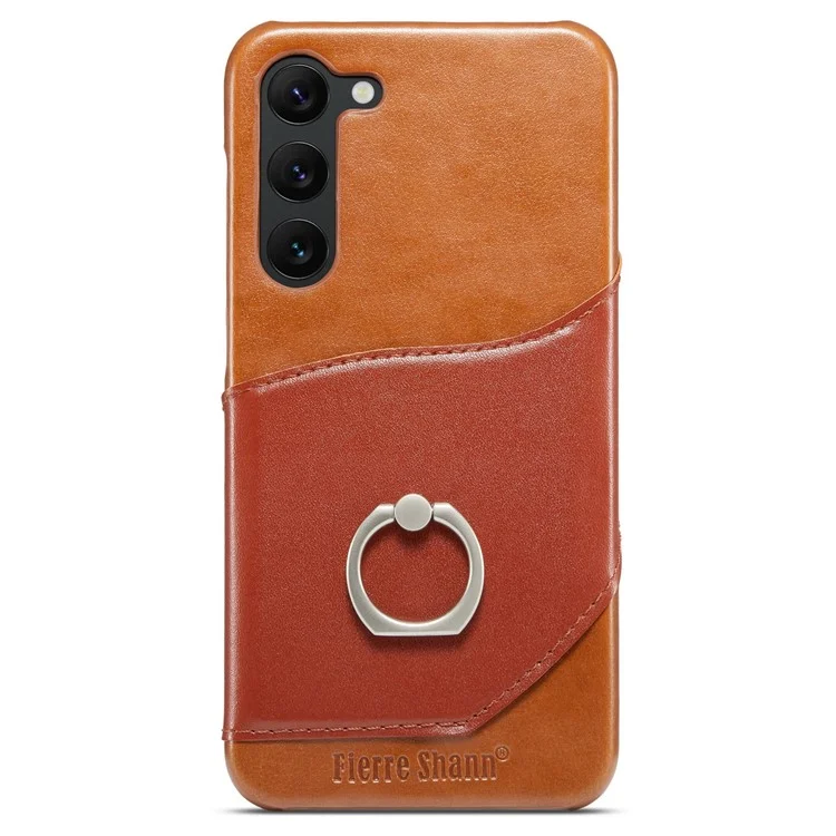 FIERRE SHANN For Samsung Galaxy S23+ Ring Kickstand Genuine Leather Coated PC Phone Case with Card Slot - Brown