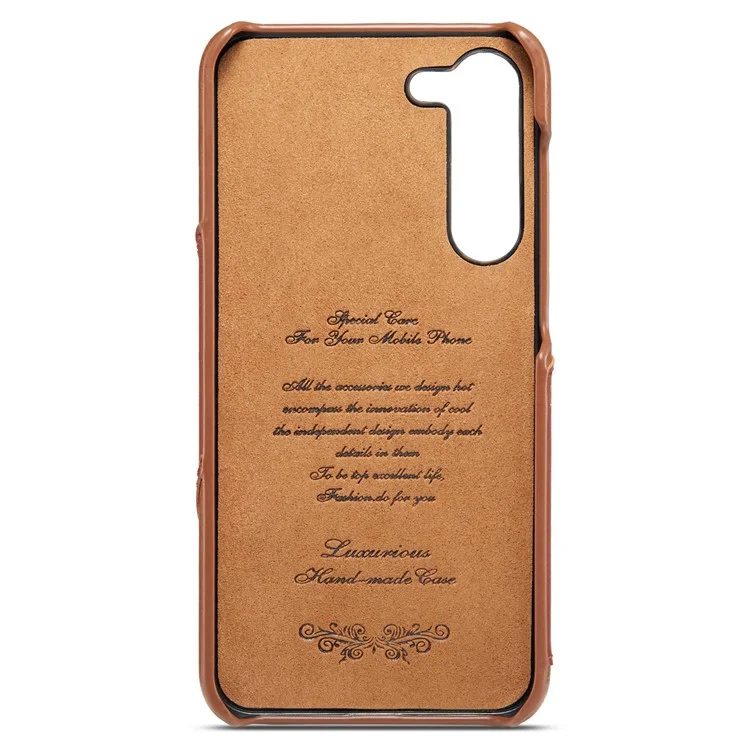 FIERRE SHANN For Samsung Galaxy S23+ Ring Kickstand Genuine Leather Coated PC Phone Case with Card Slot - Brown