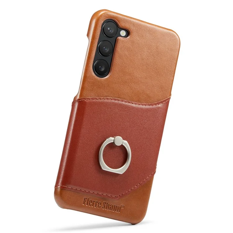 FIERRE SHANN For Samsung Galaxy S23+ Ring Kickstand Genuine Leather Coated PC Phone Case with Card Slot - Brown