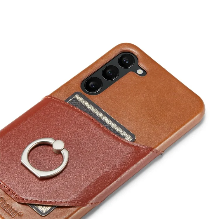 FIERRE SHANN For Samsung Galaxy S23+ Ring Kickstand Genuine Leather Coated PC Phone Case with Card Slot - Brown
