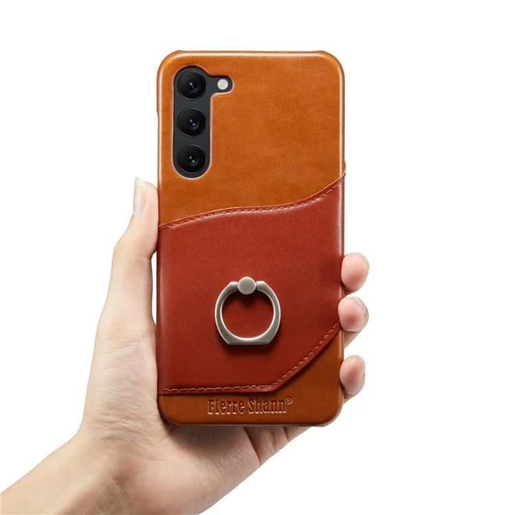 FIERRE SHANN For Samsung Galaxy S23+ Ring Kickstand Genuine Leather Coated PC Phone Case with Card Slot - Brown