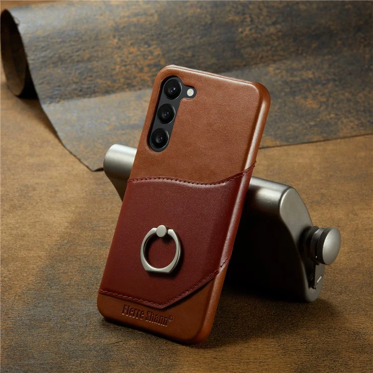 FIERRE SHANN For Samsung Galaxy S23+ Ring Kickstand Genuine Leather Coated PC Phone Case with Card Slot - Brown