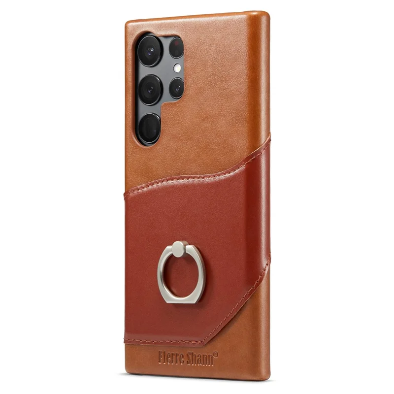 FIERRE SHANN Per Samsung Galaxy S23 Ultra Kickstand Phone Case Custodia in Vera Pelle Rivestita Slot per Schede PC - Marrone