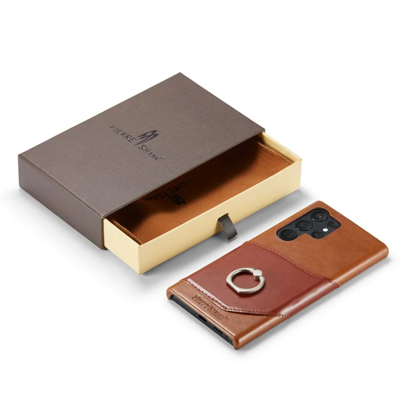 FIERRE SHANN Per Samsung Galaxy S23 Ultra Kickstand Phone Case Custodia in Vera Pelle Rivestita Slot per Schede PC - Marrone