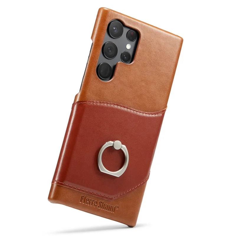FIERRE SHANN Per Samsung Galaxy S23 Ultra Kickstand Phone Case Custodia in Vera Pelle Rivestita Slot per Schede PC - Marrone
