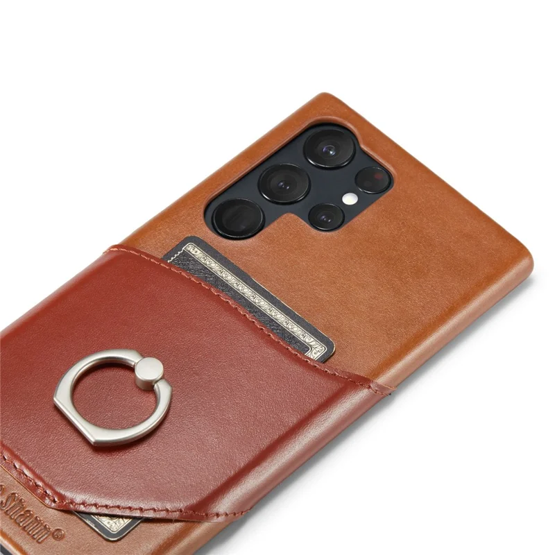 FIERRE SHANN Per Samsung Galaxy S23 Ultra Kickstand Phone Case Custodia in Vera Pelle Rivestita Slot per Schede PC - Marrone