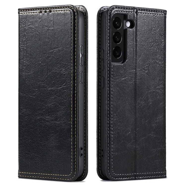 For Samsung Galaxy S23 Tree Texture Phone Cover Leather Anti-Dust Stand Wallet Phone Case - Black