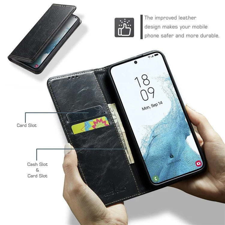 For Samsung Galaxy S23 Tree Texture Phone Cover Leather Anti-Dust Stand Wallet Phone Case - Black