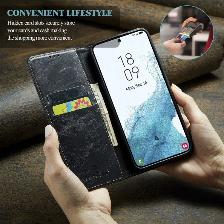 For Samsung Galaxy S23 Tree Texture Phone Cover Leather Anti-Dust Stand Wallet Phone Case - Black