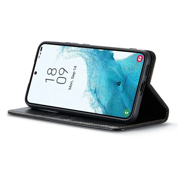 For Samsung Galaxy S23 Tree Texture Phone Cover Leather Anti-Dust Stand Wallet Phone Case - Black