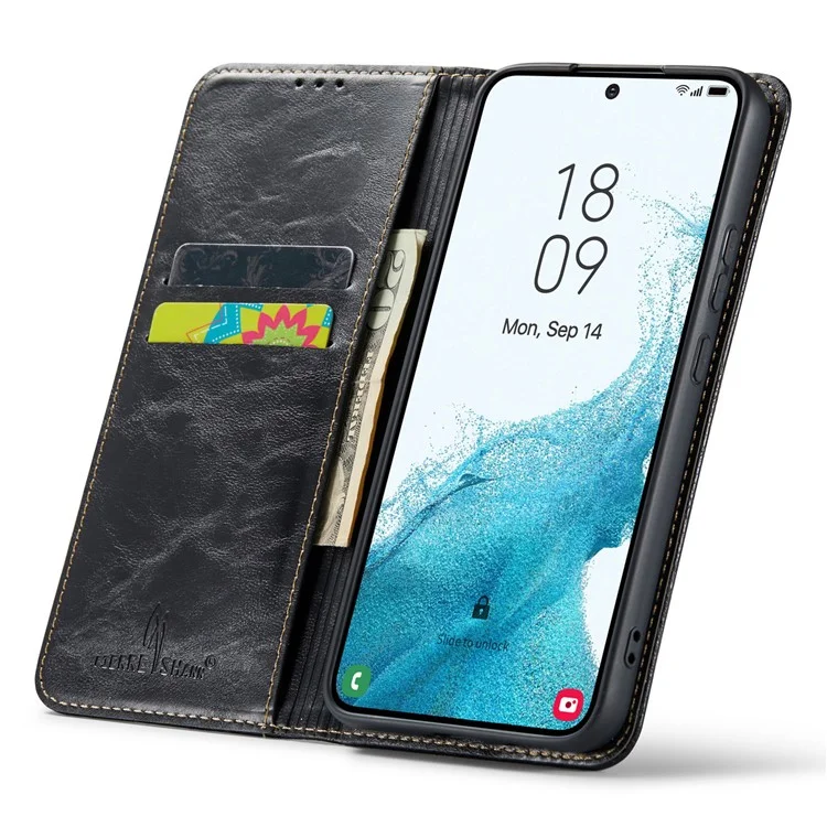 For Samsung Galaxy S23 Tree Texture Phone Cover Leather Anti-Dust Stand Wallet Phone Case - Black