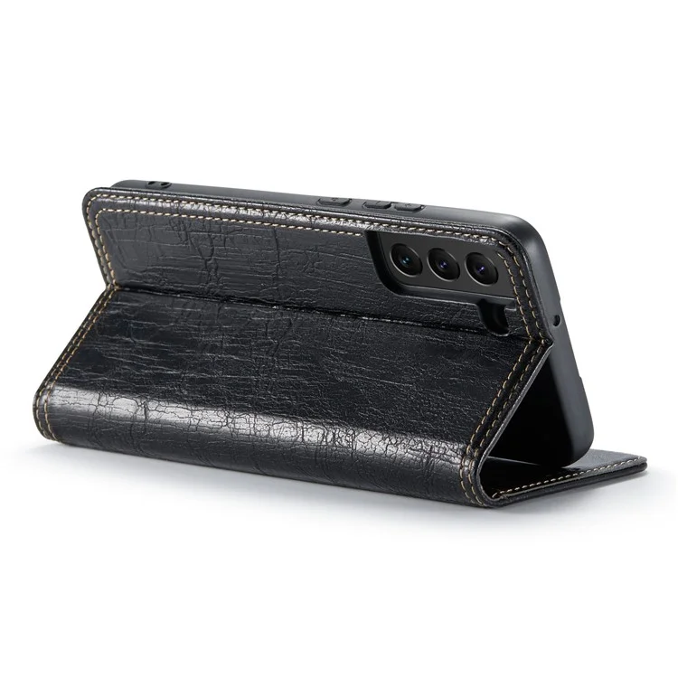 For Samsung Galaxy S23 Tree Texture Phone Cover Leather Anti-Dust Stand Wallet Phone Case - Black