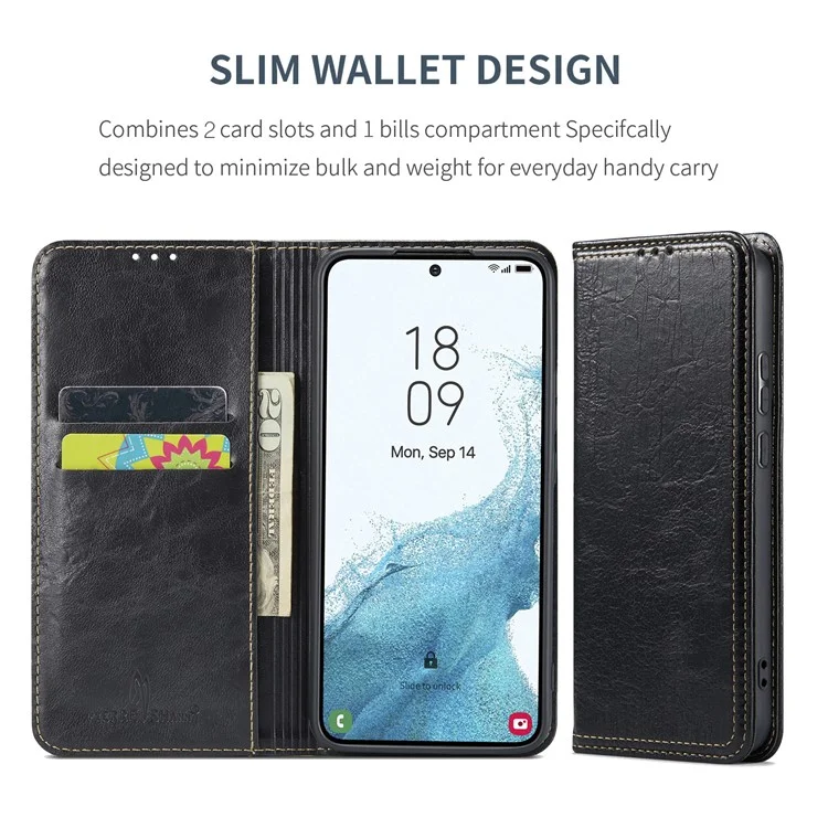 For Samsung Galaxy S23 Tree Texture Phone Cover Leather Anti-Dust Stand Wallet Phone Case - Black
