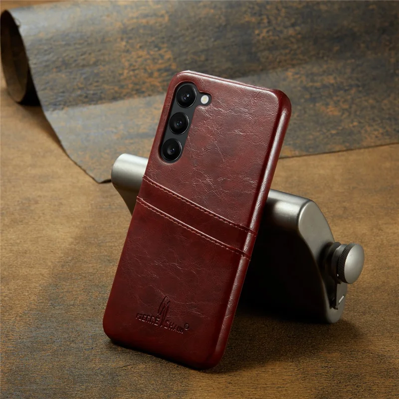 FIERRE SHANN For Samsung Galaxy S23 Phone Protective Cover Card Slots Oil Wax PU Leather+PC Phone Case - Brown