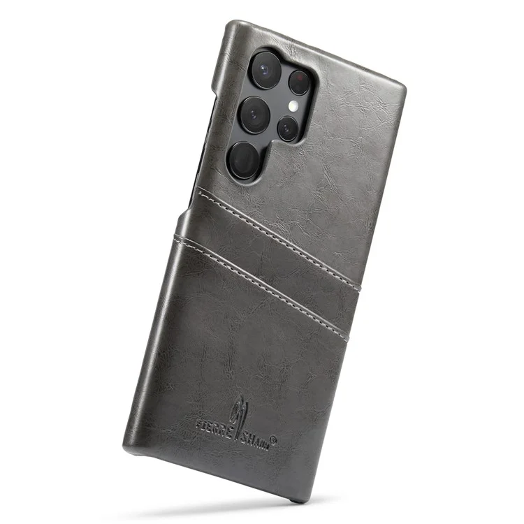 FIERRE SHANN Für Samsung Galaxy S23 Ultra Handyhülle Ölwachs-Kartenfach Lederbeschichteter PC-Schutz - Grau