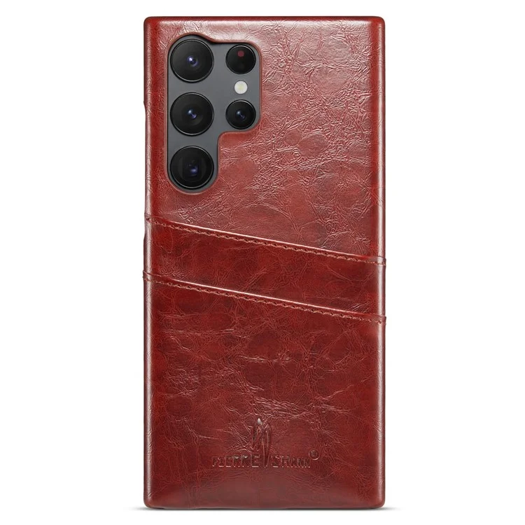 FIERRE SHANN For Samsung Galaxy S23 Ultra Cell Phone Case Oil Wax Card Holder Leather Coated PC Cover - Brown