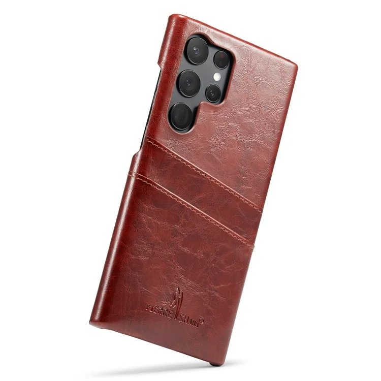 FIERRE SHANN For Samsung Galaxy S23 Ultra Cell Phone Case Oil Wax Card Holder Leather Coated PC Cover - Brown