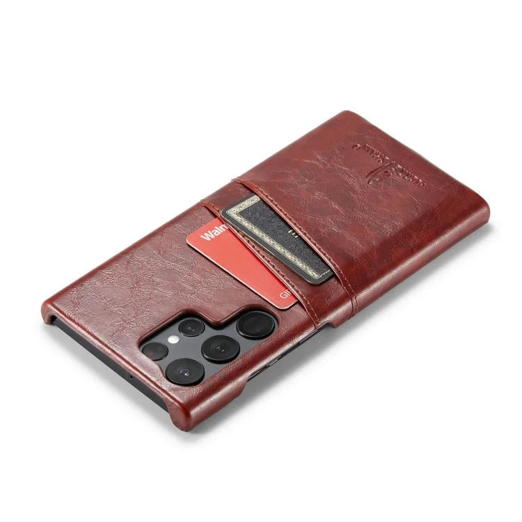 FIERRE SHANN For Samsung Galaxy S23 Ultra Cell Phone Case Oil Wax Card Holder Leather Coated PC Cover - Brown
