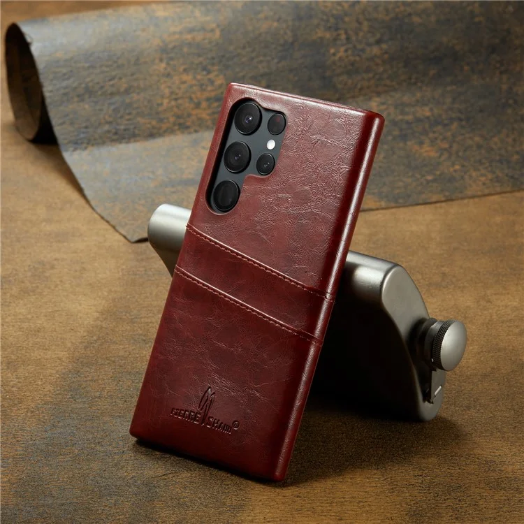 FIERRE SHANN For Samsung Galaxy S23 Ultra Cell Phone Case Oil Wax Card Holder Leather Coated PC Cover - Brown