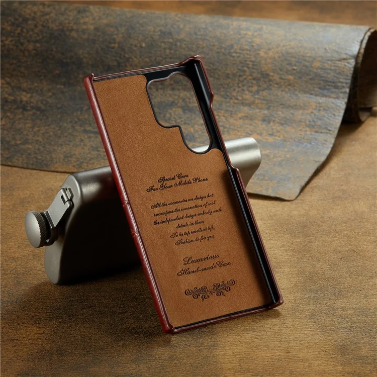 FIERRE SHANN For Samsung Galaxy S23 Ultra Cell Phone Case Oil Wax Card Holder Leather Coated PC Cover - Brown
