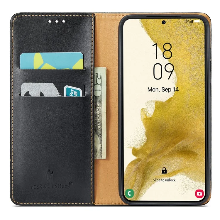 FIERRE SHANN para Samsung Galaxy S23+ Stand Wallet Phone Case PU Leather Smartphone Cover - Preto