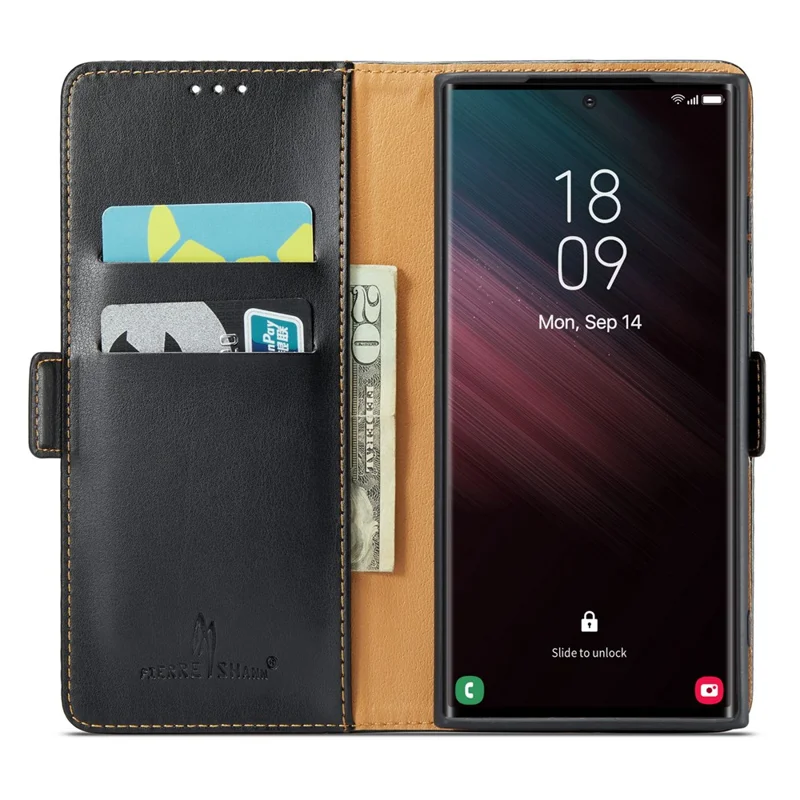 FIERRE SHANN per Samsung Galaxy S23 Ultra Cell Phone Stand Case PU Leather Wallet Phone Cover - Nero