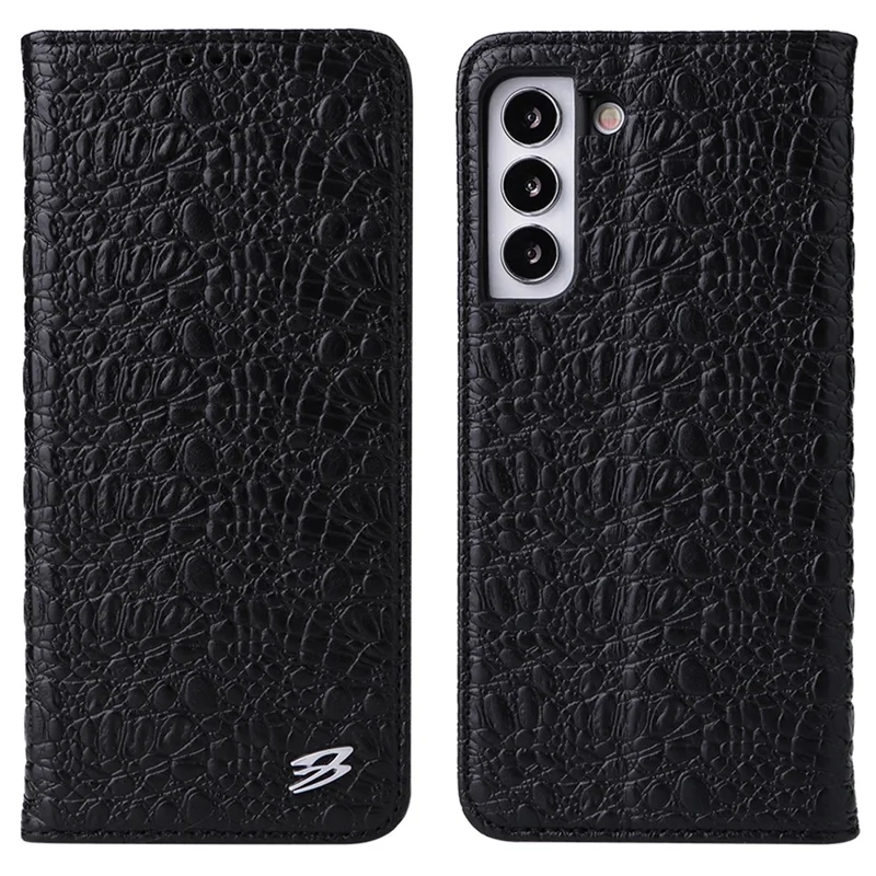 FIERRE SHANN for Samsung Galaxy S23+ Phone Wallet Case Genuine Cow Leather Protective Stand Phone Cover - Black