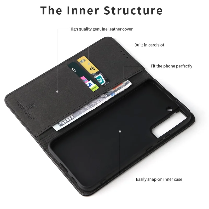 FIERRE SHANN for Samsung Galaxy S23+ Phone Wallet Case Genuine Cow Leather Protective Stand Phone Cover - Black