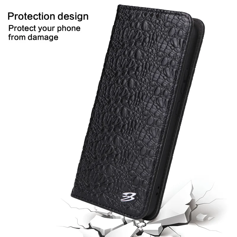 FIERRE SHANN for Samsung Galaxy S23+ Phone Wallet Case Genuine Cow Leather Protective Stand Phone Cover - Black