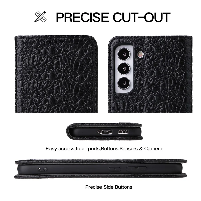 FIERRE SHANN for Samsung Galaxy S23+ Phone Wallet Case Genuine Cow Leather Protective Stand Phone Cover - Black