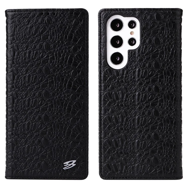 FIERRE SHANN für Samsung Galaxy S23 Ultra Wallet Stand Handyhülle Krokodillederstruktur Echtes Rindsleder Handyhülle - Schwarz