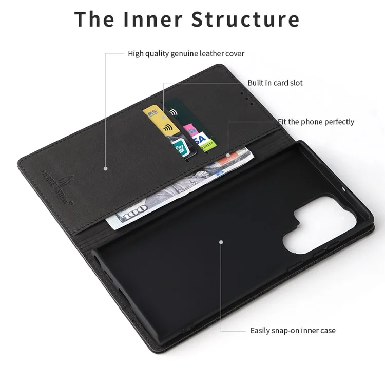 FIERRE SHANN für Samsung Galaxy S23 Ultra Wallet Stand Handyhülle Krokodillederstruktur Echtes Rindsleder Handyhülle - Schwarz