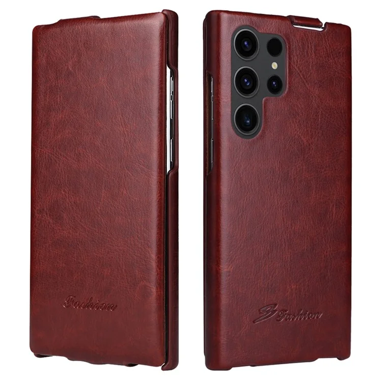 Vertikal Flip Cover für Samsung Galaxy S23 Ultra, PC+PU Leder Crazy Horse Textur Handyhülle - Braun