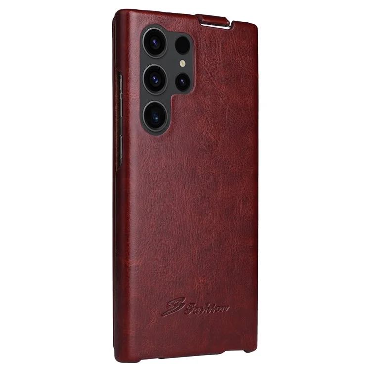 Vertikal Flip Cover für Samsung Galaxy S23 Ultra, PC+PU Leder Crazy Horse Textur Handyhülle - Braun