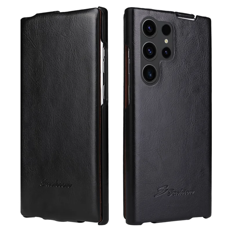 Vertical Flip Cover for Samsung Galaxy S23 Ultra , PC+PU Leather Crazy Horse Texture Phone Shell Case - Black